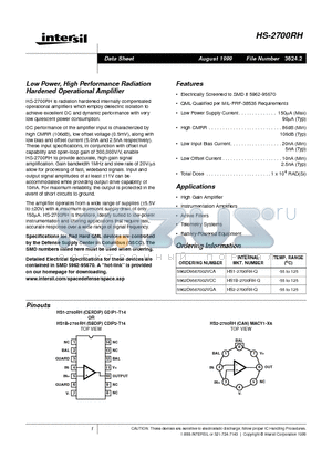 HS2-2700RH-Q datasheet - Low Power, High Performance Radiation Hardened Operational Amplifier