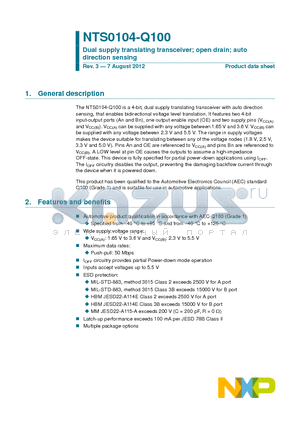 NTS0104-Q100 datasheet - Dual supply translating transceiver; open drain; auto direction sensing