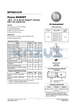 NTVS3141P datasheet - −20 V, −3.7 A, 85 m, Single P−Channel, CSP 1.0x1.5x0.65 mm