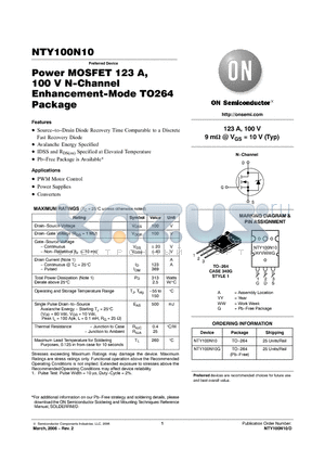 NTY100N10 datasheet - Power MOSFET 123 A, 100 V N−Channel Enhancement−Mode TO264 Package