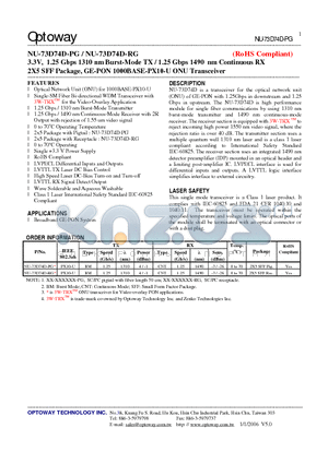 NU-73D74D-RG datasheet - 3.3V, 1.25 Gbps 1310 nm Burst-Mode TX / 1.25 Gbps 1490 nm Continuous RX 2X5 SFF Package, GE-PON 1000BASE-PX10-U ONU Transceiver