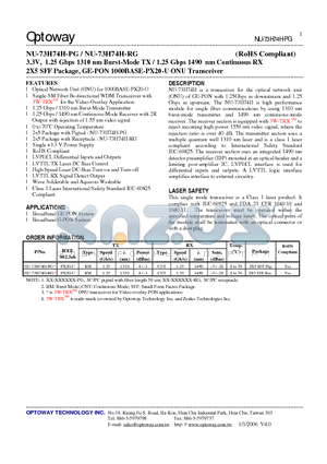 NU-73H74H-PG datasheet - 3.3V, 1.25 Gbps 1310 nm Burst-Mode TX / 1.25 Gbps 1490 nm Continuous RX 2X5 SFF Package, GE-PON 1000BASE-PX20-U ONU Transceiver