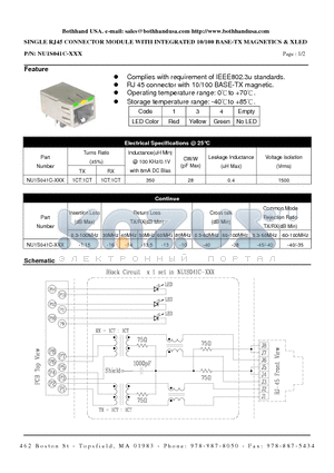 NU1S041C-XXX datasheet - SINGLE RJ45 CONNECTOR MODULE WITH INTEGRATED 10/100 BASE-TX MAGNETICS & XLED
