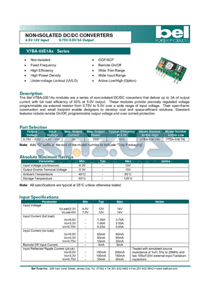V7BA-03E1A0 datasheet - NON-ISOLATED DC/DC CONVERTERS 4.5V-14V Input 0.75V-5.0V/3A Output