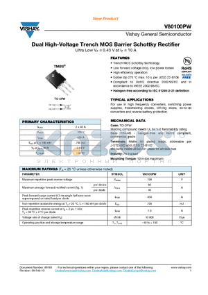 V80100PW datasheet - Dual High-Voltage Trench MOS Barrier Schottky Rectifier