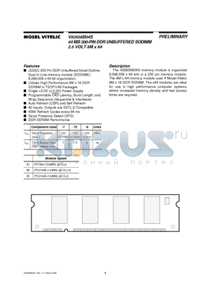 V82658B04S datasheet - 64 MB 200-PIN DDR UNBUFFERED SODIMM 2.5 VOLT 8M x 64