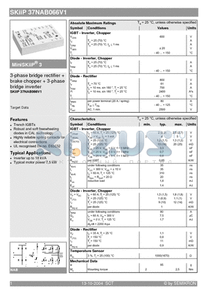 SKIIP37NAB066V1 datasheet - 3-phase bridge rectifier  brake chopper  3-phase bridge inverter