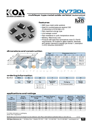 NV73DL1J datasheet - multilayer type metal oxide varistor (automotive)