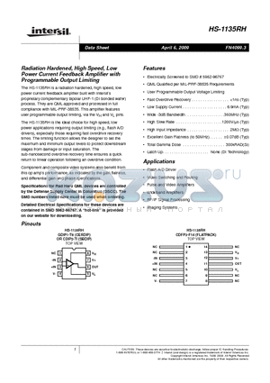 HS7B-1135RH/PROTO datasheet - Radiation Hardened, High Speed, Low Power Current Feedback Amplifier