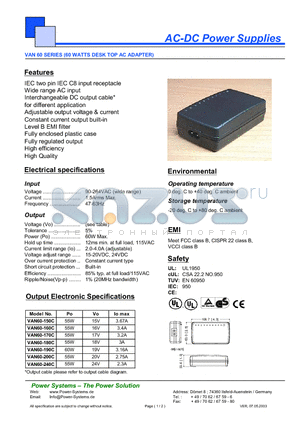 VAN60-170C datasheet - AC-DC Power Supplies 60 WATTS DESK TOP AC ADAPTER