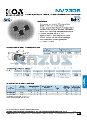 NV73DS2LTTE27 datasheet - multilayer type metal oxide varistor (load dump surge)