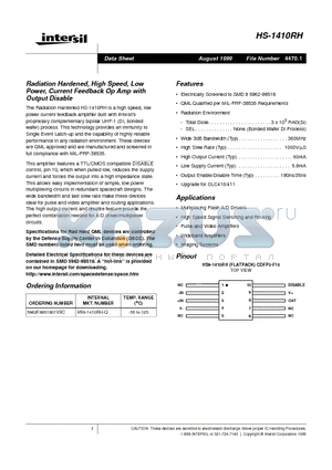 HS9-1410RH-Q datasheet - Radiation Hardened, High Speed, Low Power, Current Feedback Op Amp with Output Disable