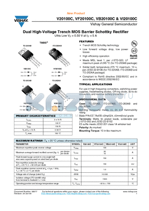 VB20100C-E3-8W datasheet - Dual High-Voltage Trench MOS Barrier Schottky Rectifier