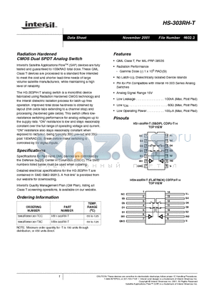 HS9-303RH-T datasheet - Radiation Hardened CMOS Dual SPDT Analog Switch