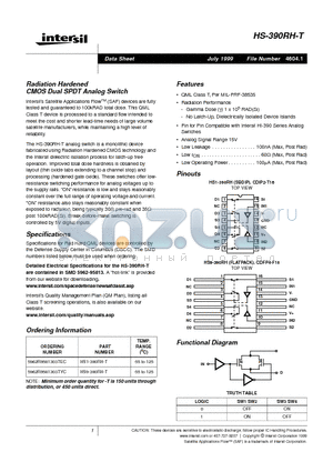 HS9-390RH-T datasheet - Radiation Hardened CMOS Dual SPDT Analog Switch