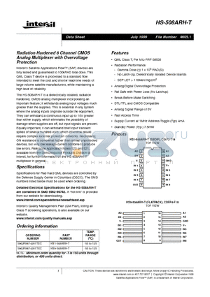 HS9-508ARH-T datasheet - Radiation Hardened 8 Channel CMOS Analog Multiplexer with Overvoltage Protection