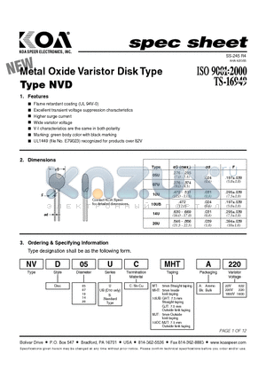 NVD20UC10UB datasheet - Metal Oxide Varistor Disk Type