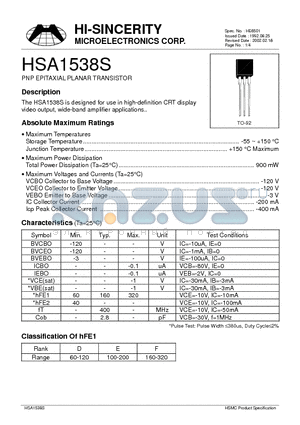 HSA1538S datasheet - PNP EPITAXIAL PLANAR TRANSISTOR