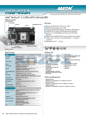 HSB-835A-A10-V datasheet - Intel Pentium 4 3.2GHz APCI Half-size SBC