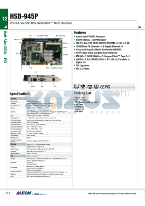 HSB-945P datasheet - PCI Half-Size SBC With Intel Atom N270 Processor