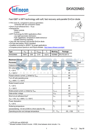 SKW20N60 datasheet - Fast IGBT in NPT-technology with soft, fast recovery anti-parallel EmCon diode