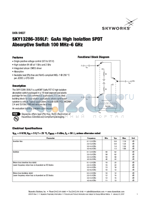 SKY13286-359LF datasheet - GaAs High Isolation SPDT Absorptive Switch 100 MHz-6 GHz
