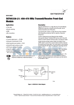 SKY65338-21 datasheet - 450-470 MHz Transmit/Receive Front-End Module