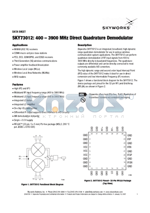 SKY73012 datasheet - 400 - 3900 MHz Direct Quadrature Demodulator