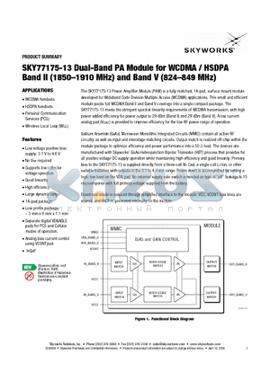 SKY77175-13 datasheet - Dual-Band PA Module for WCDMA / HSDPA Band II (1850-1910 MHz) and Band V (824-849 MHz)