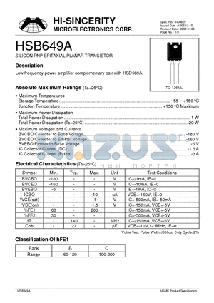 HSB649A datasheet - SILICON PNP EPITAXIAL PLANAR TRANSISTOR