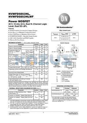 NVMFD5853NLWFT1G datasheet - Power MOSFET 40 V, 10 m, 34 A, Dual N.Channel Logic Level, Dual SO.8FL