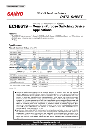ECH8619 datasheet - N-Channel and P-Channel Silicon MOSFETs General-Purpose Switching Device