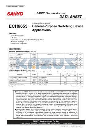 ECH8653 datasheet - N-Channel Silicon MOSFET General-Purpose Switching Device Applications