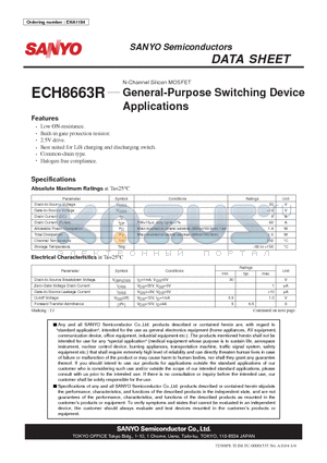 ECH8663R datasheet - N-Channel Silicon MOSFET General-Purpose Switching Device Applications