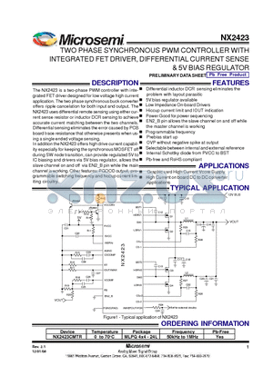 NX2423CMTR datasheet - TWO PHASE SYNCHRONOUS PWM CONTROLLER WITH INTEGRATED FET DRIVER, DIFFERENTIAL CURRENT SENSE & 5V BIAS REGULATOR