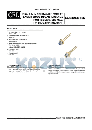 NX5312 datasheet - NECs 1310 nm InGaAsP MQW FP LASER DIODE IN CAN PACKAGE FOR 155 Mb/s, 622 Mb/s, 1.25 Gb/s APPLICATIONS