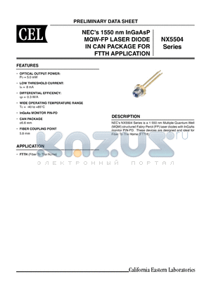 NX5504EH-AZ datasheet - NECs 1550 nm InGaAsP MQW-FP LASER DIODE IN CAN PACKAGE FOR FTTH APPLICATION