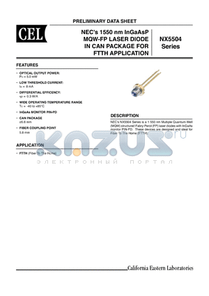 NX5504 datasheet - NECs 1550 nm InGaAsP MQW-FP LASER DIODE IN CAN PACKAGE FOR FTTH APPLICATION