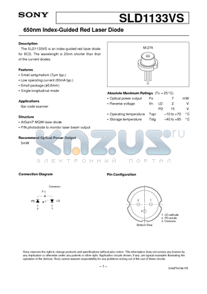 SLD1133VS datasheet - 650nm Index-Guided Red Laser Diode