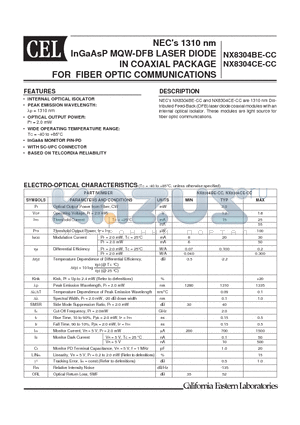 NX8304CE-CC datasheet - InGaAsP MQW-DFB LASER DIODE IN COAXIAL PACKAGE FOR FIBER OPTIC COMMUNICATIONS