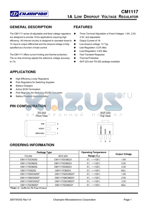 CM1117CN252 datasheet - 1A LOW DROPOUT VOLTAGE REGULATOR