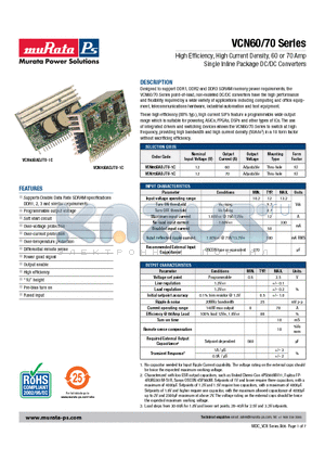 VCN60BADJTU-1C datasheet - High Efficiency, High Current Density, 60 or 70 Amp Single Inline Package DC/DC Converters