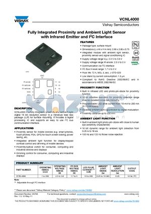 VCNL4000 datasheet - Fully Integrated Proximity and Ambient Light Sensor with Infrared Emitter and I2C Interface