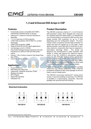 CM1203-01CS datasheet - 1, 2 and 3-Channel ESD Arrays in CSP