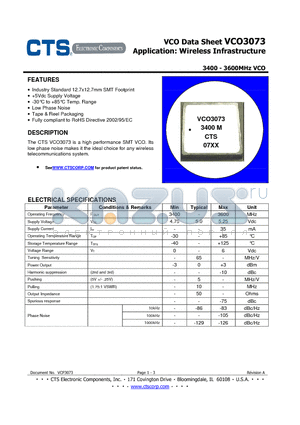VCO3073 datasheet - 3400-3600MHz VCO
