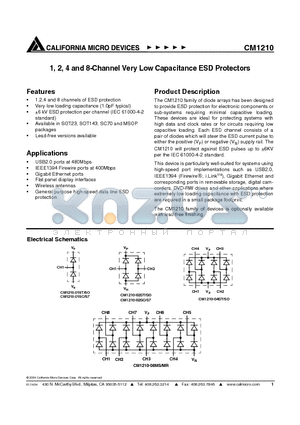 CM1210-01SC datasheet - 1, 2, 4 and 8-Channel Very Low Capacitance ESD Protectors
