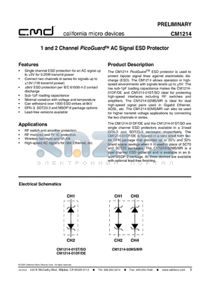 CM1214-01DE datasheet - 1 and 2 Channel PicoGuardTM AC Signal ESD Protector