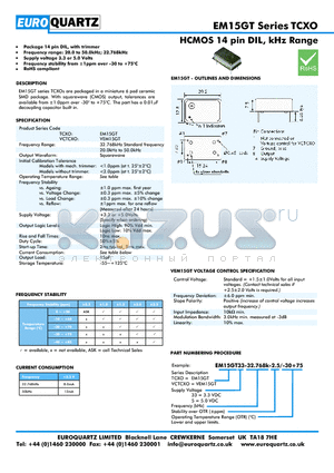 VEM15GT5-32.768K-2.5-30 datasheet - HCMOS 14 pin DIL, kHz Range