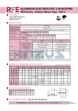VEJ101M1ETR080100 datasheet - ALUMINUM ELECTROLYTIC CAPACITORS VEJ Series: Surface Mount Type, 105C