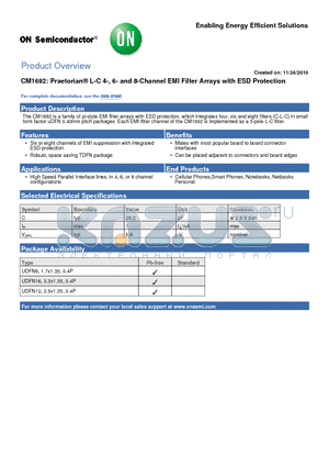 CM1692-08DE datasheet - CM1692: Praetorian^ L-C 4-, 6- and 8-Channel EMI Filter Arrays with ESD Protection
